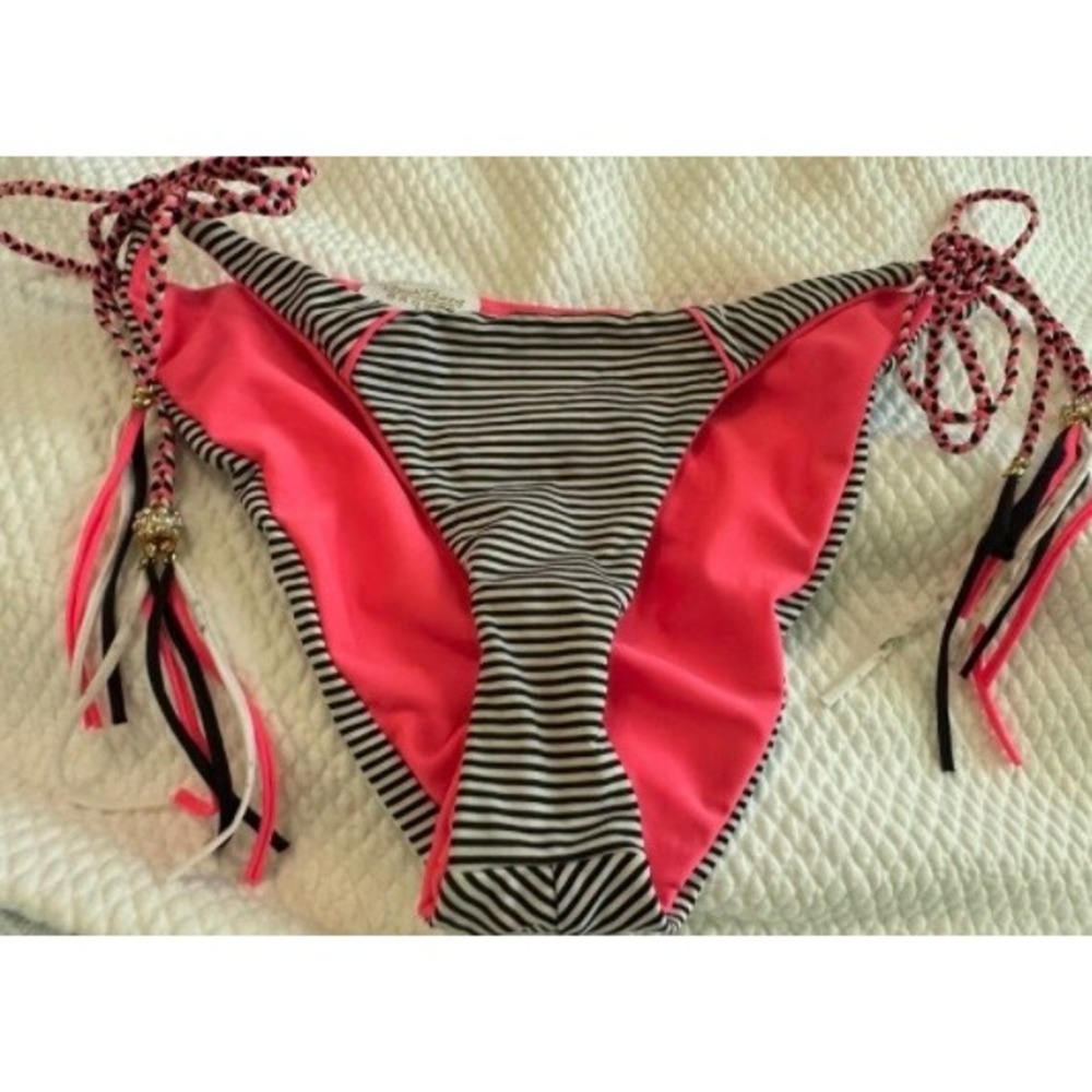 Beach‎ Bunny Striped Bikini Bottom Neon Pink Black White Side Tie  Rhinestone L